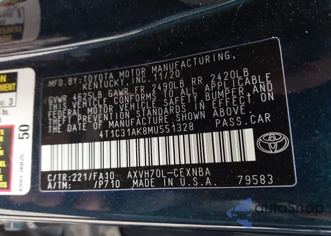 2021 Toyota Camry Le Hybrid z USA, uszkodzony, nr VIN 4T1C31AK8MU551328